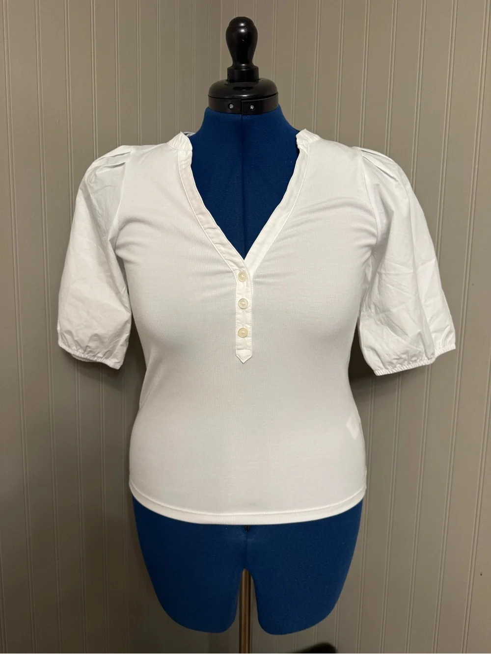Madewell White Puff Sleeve Henley Size S, NWT Pima Cotton, Retails $68